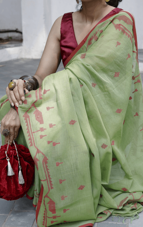 Buy Henna Green Soft Cotton Jamdani Saree : Green Red Needle Jamdani Handmade Saree