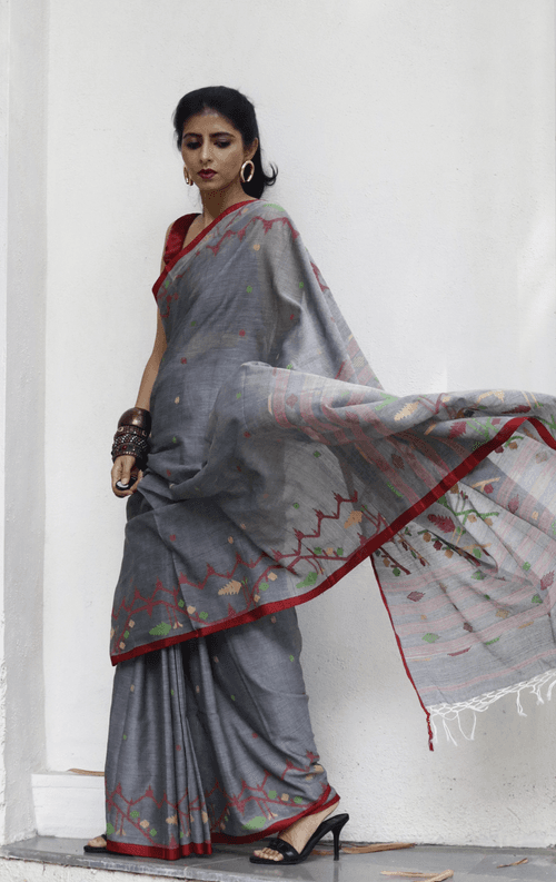 Buy Grey Soft Cotton Jamdani Saree : Grey Needle Jamdani Handmade Saree