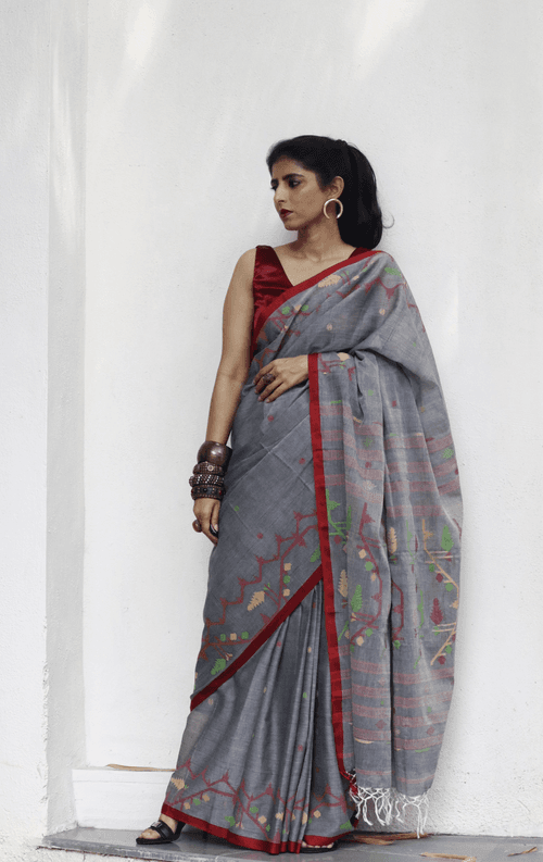 Buy Grey Soft Cotton Jamdani Saree : Grey Needle Jamdani Handmade Saree