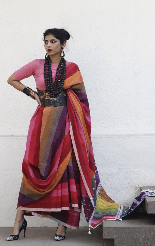 The Pink Stripes Rainbow Bhujodi Saree : Pure Kala Cotton Bhujodi Handloom Saree