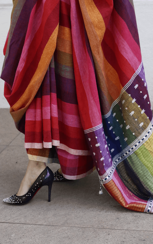 The Pink Stripes Rainbow Bhujodi Saree : Pure Kala Cotton Bhujodi Handloom Saree