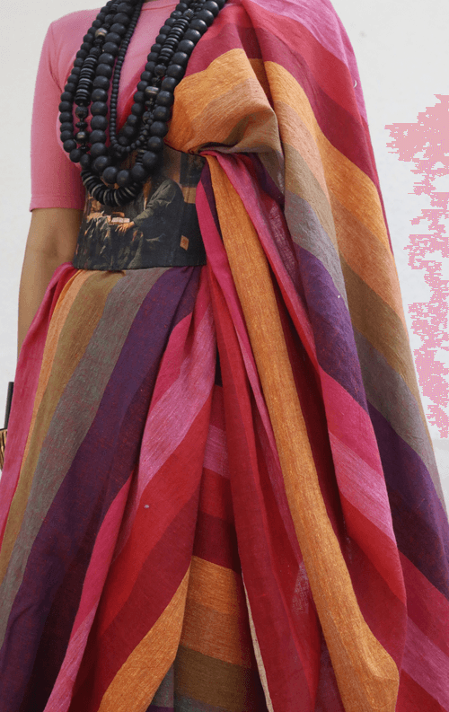 The Pink Stripes Rainbow Bhujodi Saree : Pure Kala Cotton Bhujodi Handloom Saree