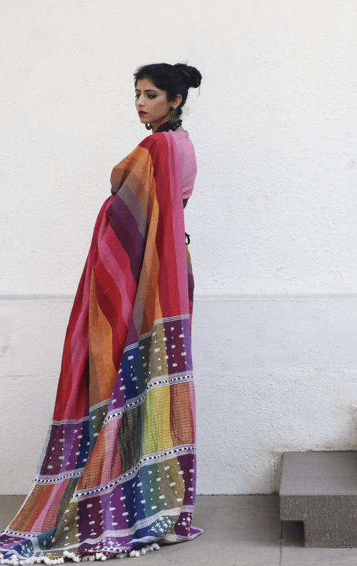 The Pink Stripes Rainbow Bhujodi Saree : Pure Kala Cotton Bhujodi Handloom Saree