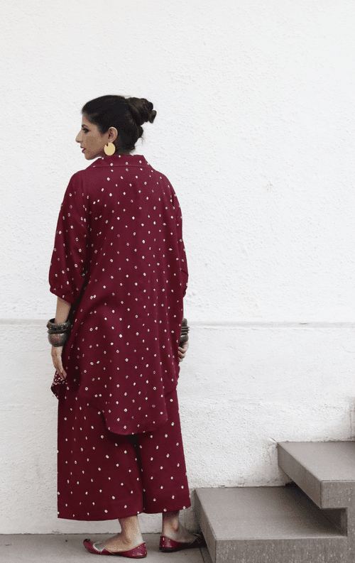 Bandhani Maroon Cotton Co-ord Set : Buy Palazzo Pant Kurta Cotton Co-ord Set