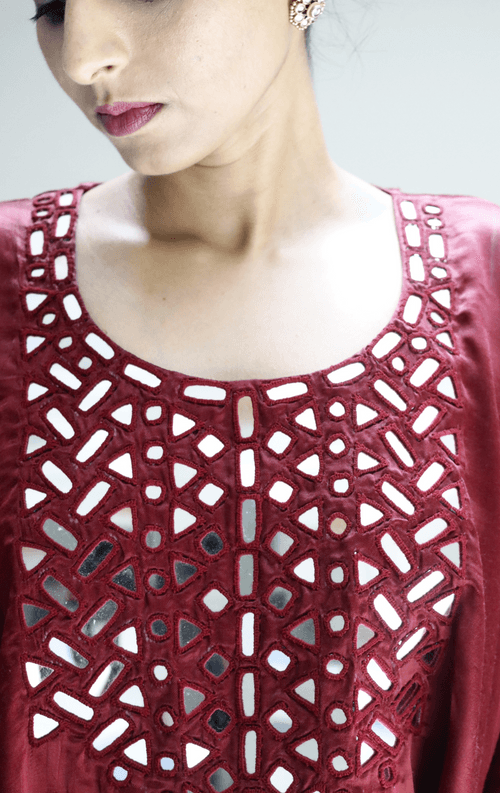 Mashru Mirror Work Co-ord Set in Maroon : Buy Palazzo Kaftan Kurta Festive Co-ord Set