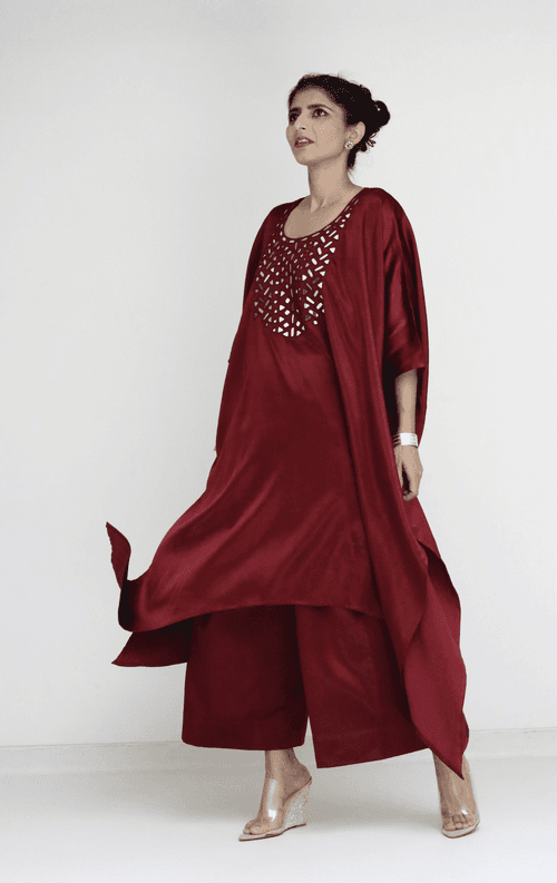 Mashru Mirror Work Co-ord Set in Maroon : Buy Palazzo Kaftan Kurta Festive Co-ord Set