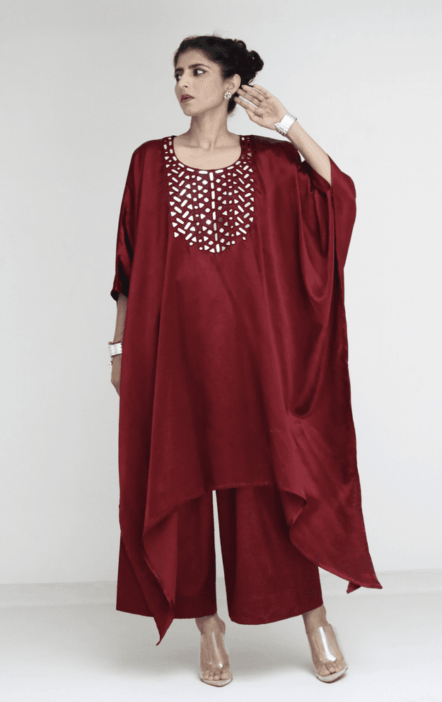 Mashru Mirror Work Co-ord Set in Maroon : Buy Palazzo Kaftan Kurta Festive Co-ord Set