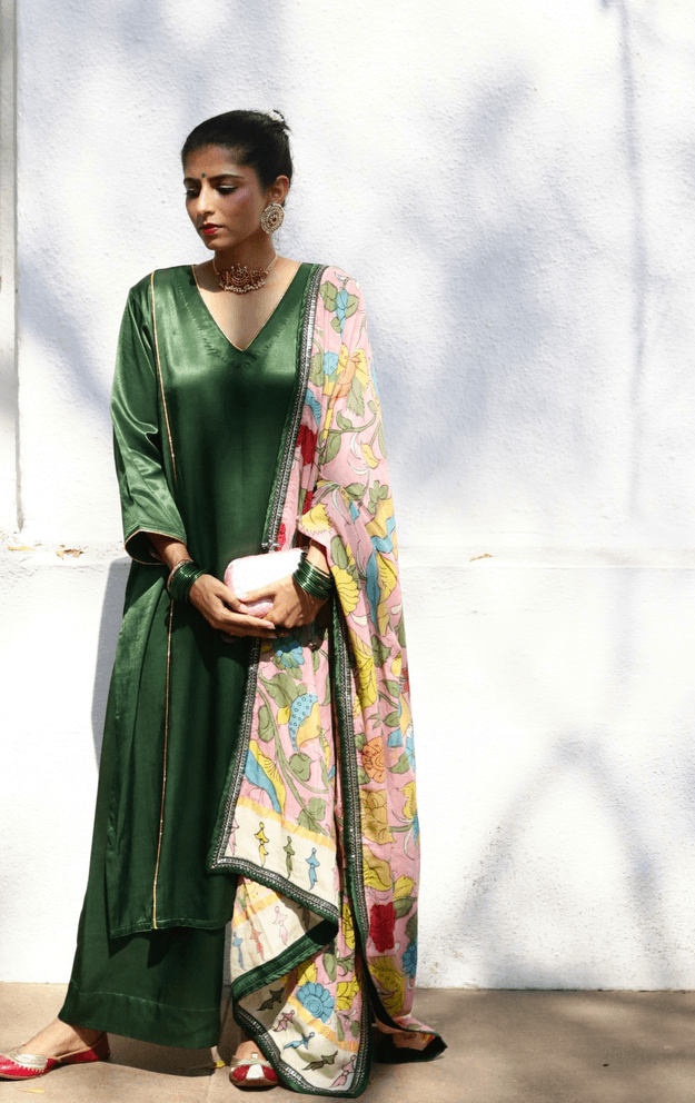 Mashru Kurta Co-ord Set in Green With Kalamkari Dupatta : Buy 'Radha' Kurta Palazzo Dupatta Festive Co-ord Set