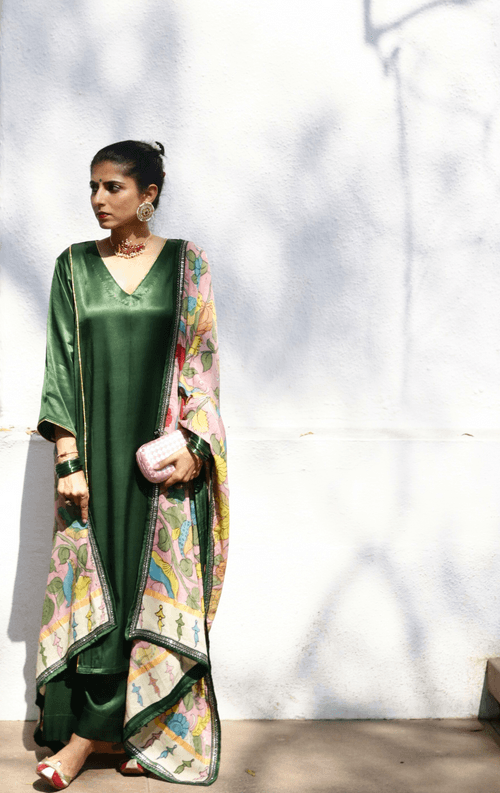 Mashru Kurta Co-ord Set in Green With Kalamkari Dupatta : Buy 'Radha' Kurta Palazzo Dupatta Festive Co-ord Set