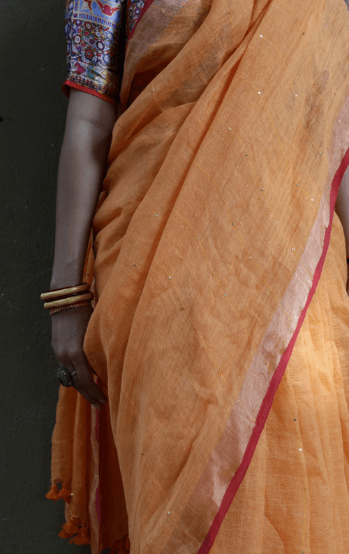 Buy Sequin Linen 'Marigold' Sari : Orange Maroon Sequin Linen Summer Saree