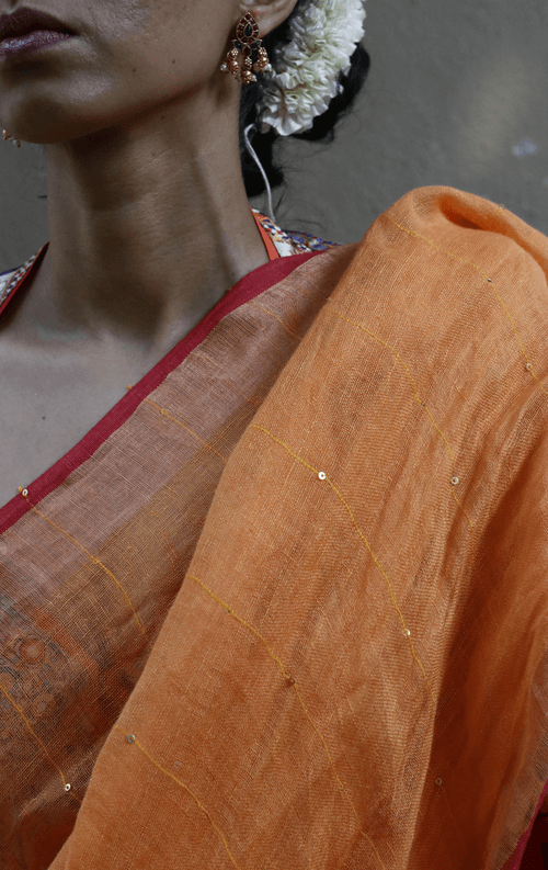 Buy Sequin Linen 'Marigold' Sari : Orange Maroon Sequin Linen Summer Saree