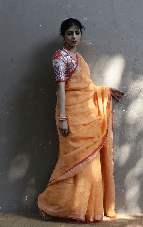 Buy Sequin Linen 'Marigold' Sari : Orange Maroon Sequin Linen Summer Saree