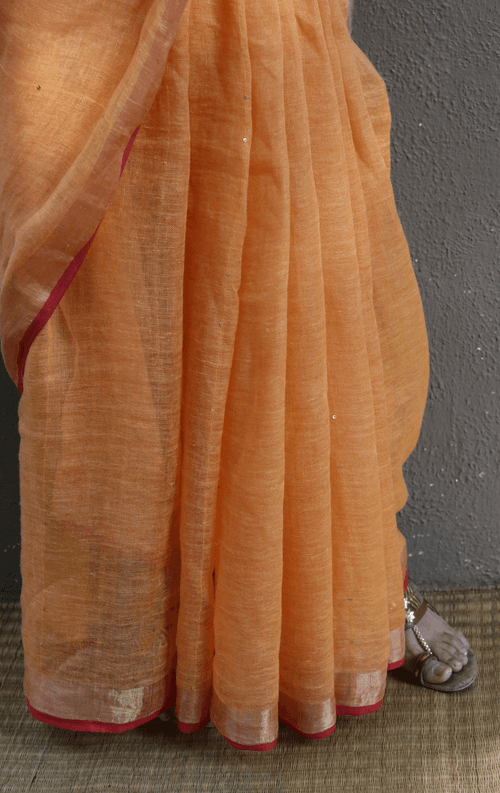 Buy Sequin Linen 'Marigold' Sari : Orange Maroon Sequin Linen Summer Saree