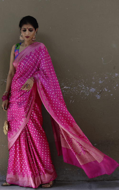 Buy Bandhani Designer Saree Online : Rani Pink Bandhani Hand Dyed Saree With Gold Border