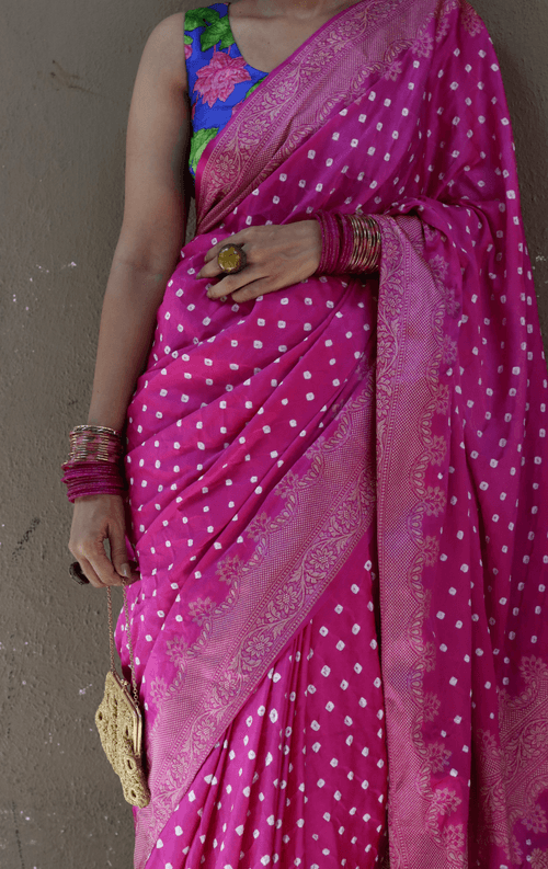 Buy Bandhani Designer Saree Online : Rani Pink Bandhani Hand Dyed Saree With Gold Border