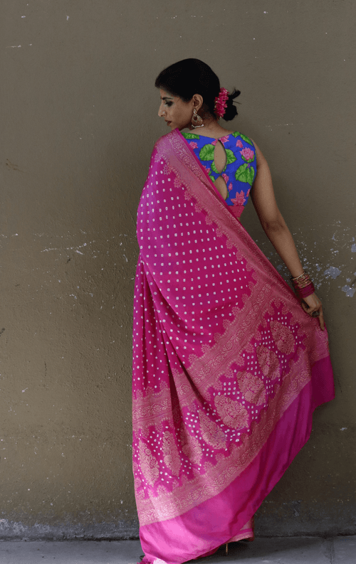 Buy Bandhani Designer Saree Online : Rani Pink Bandhani Hand Dyed Saree With Gold Border