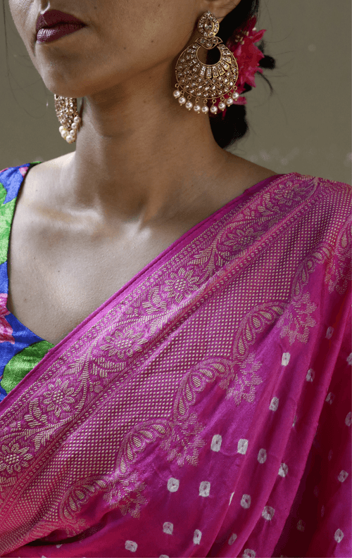 Buy Bandhani Designer Saree Online : Rani Pink Bandhani Hand Dyed Saree With Gold Border