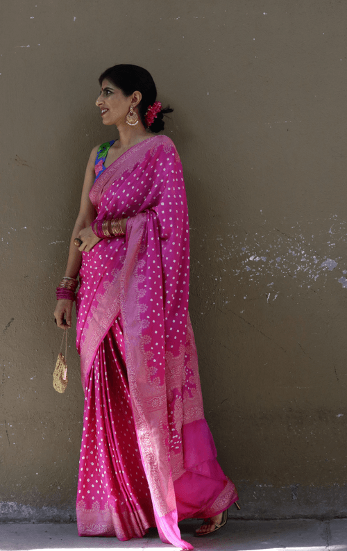 Buy Bandhani Designer Saree Online : Rani Pink Bandhani Hand Dyed Saree With Gold Border