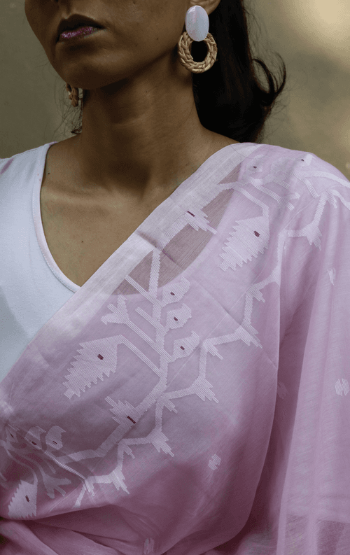 Buy Pink Soft Cotton Jamdani Saree : Pink White Needle Jamdani Handmade Saree