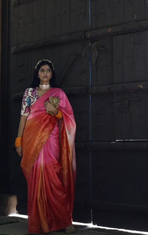 The Pink Sky Raw Silk Shaded Saree : Ombre Pink Raw Silk Saree