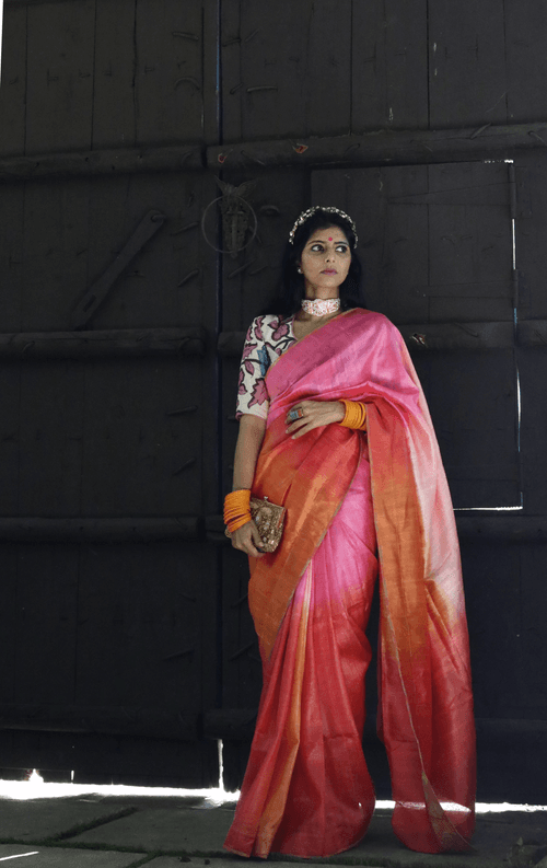 The Pink Sky Raw Silk Shaded Saree : Ombre Pink Raw Silk Saree