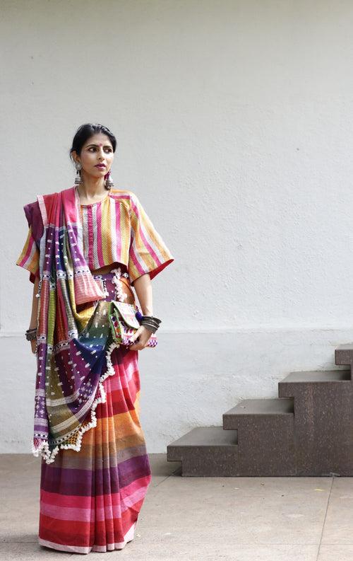 The Pink Stripes Rainbow Bhujodi Saree : Pure Kala Cotton Bhujodi Handloom Saree