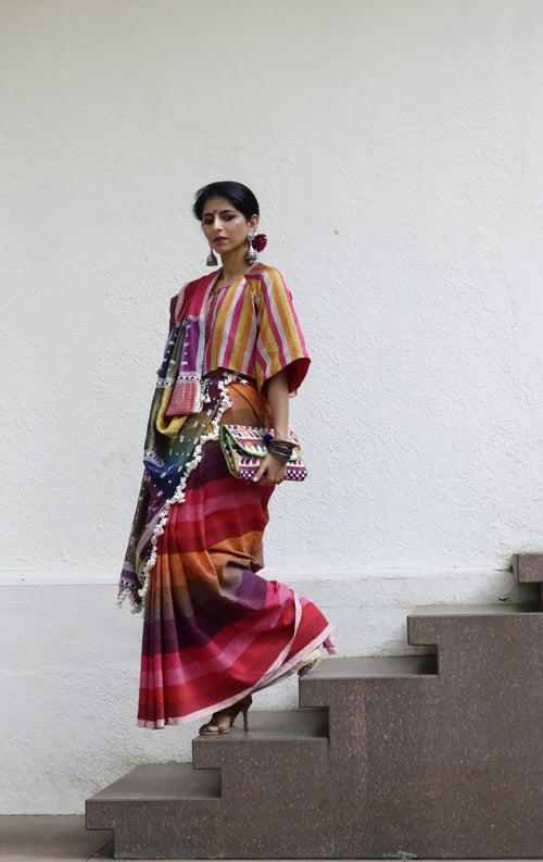 The Pink Stripes Rainbow Bhujodi Saree : Pure Kala Cotton Bhujodi Handloom Saree