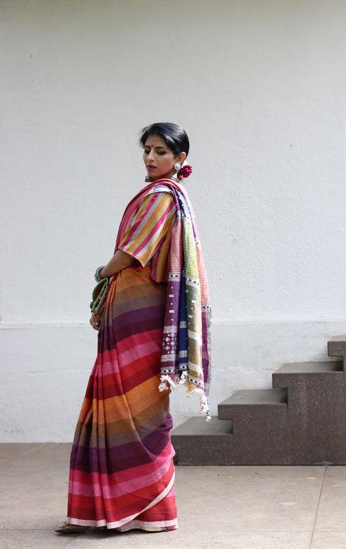 The Pink Stripes Rainbow Bhujodi Saree : Pure Kala Cotton Bhujodi Handloom Saree