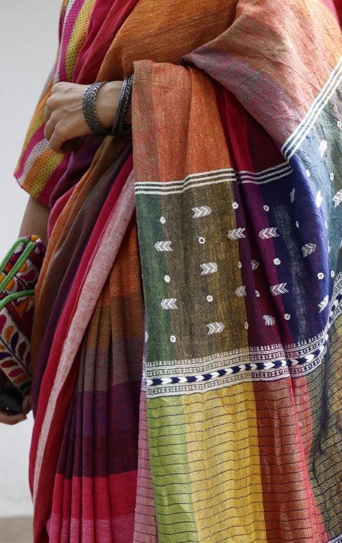 The Pink Stripes Rainbow Bhujodi Saree : Pure Kala Cotton Bhujodi Handloom Saree