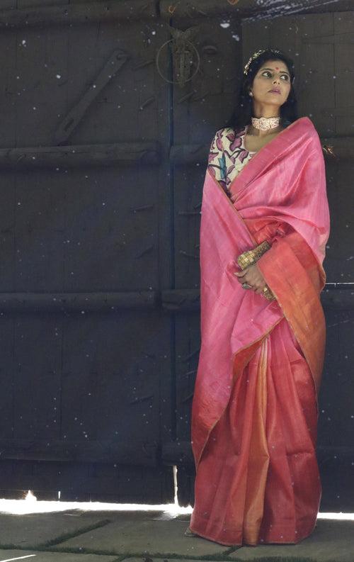 The Pink Sky Raw Silk Shaded Saree : Ombre Pink Raw Silk Saree