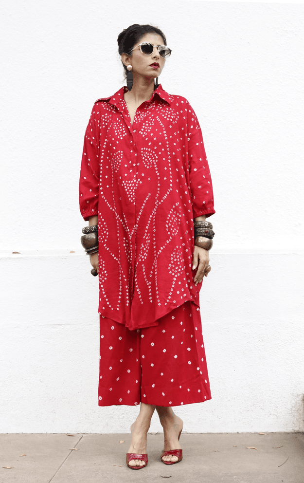 Bandhani 'Flower Garden' Cotton Co-ord Set In Red: Buy Kurta Palazzo Cotton Co-ord Set