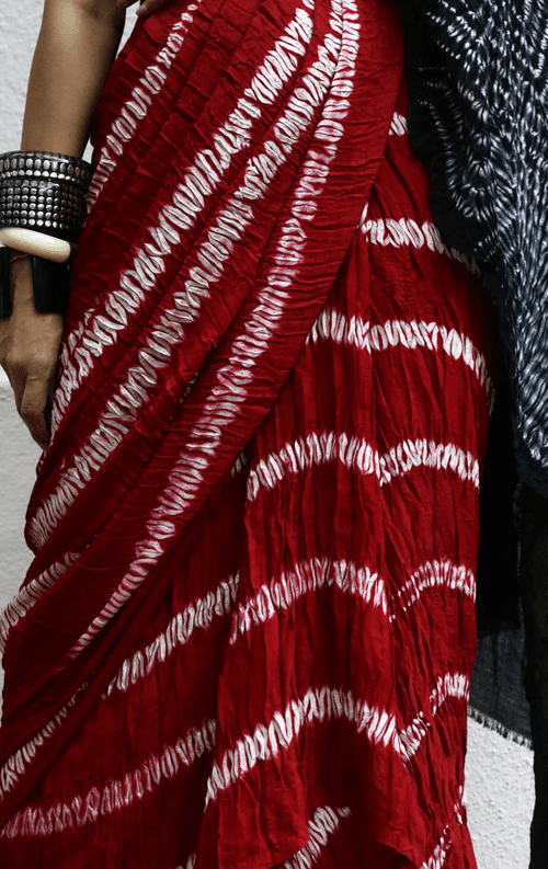 Buy Statement Red Shibori Saree : Red Black Shibori Cocktail Saree 'Deep Love'