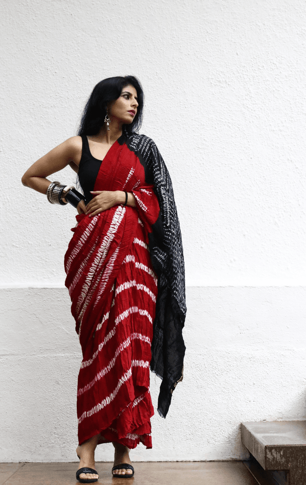 Buy Statement Red Shibori Saree : Red Black Shibori Cocktail Saree 'Deep Love'