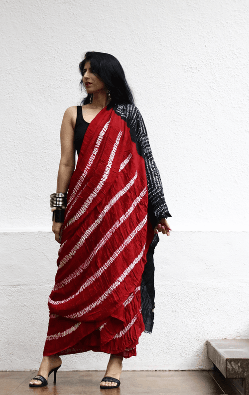 Buy Statement Red Shibori Saree : Red Black Shibori Cocktail Saree 'Deep Love'