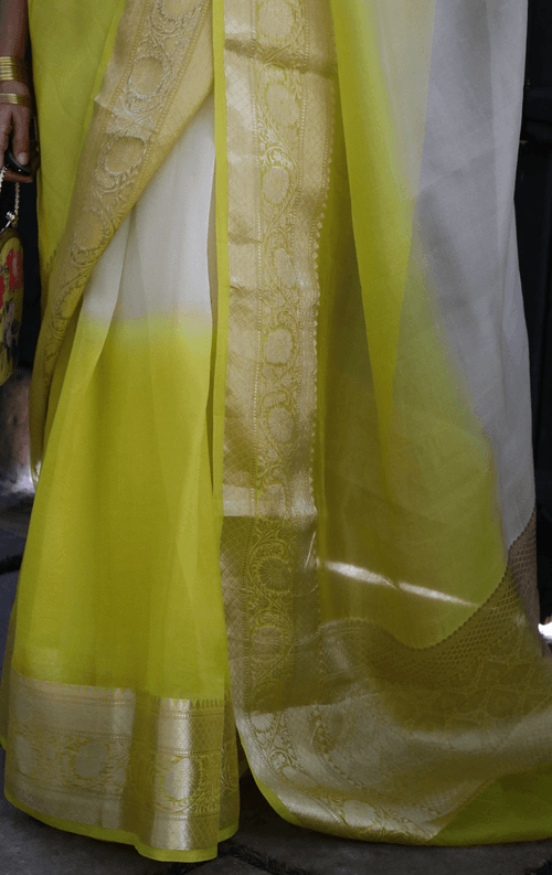 Buy 'Lemon Blossoms' Pure Organza Silk Saree With Banarasi Border: Summer Silk Banarasi Organza Saree