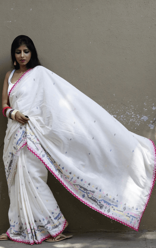 Buy 'Candy Crush' Fun Cotton Jamdani Saree : Fun Pop Of Colours On White Needle Jamdani Handmade Saree