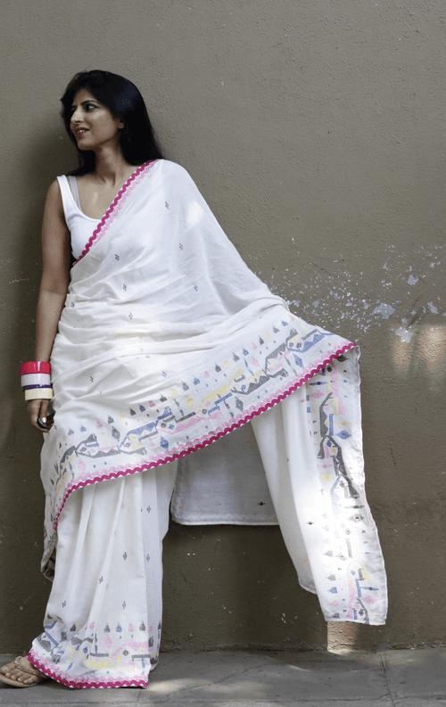 Buy 'Candy Crush' Fun Cotton Jamdani Saree : Fun Pop Of Colours On White Needle Jamdani Handmade Saree