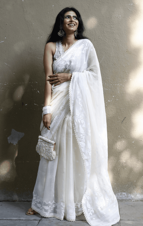 Buy Muslin White Jamdani Saree : Moonlight White Jamdani Saree