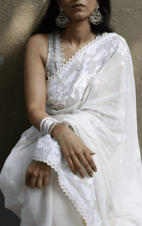 Buy Muslin White Jamdani Saree : Moonlight White Jamdani Saree