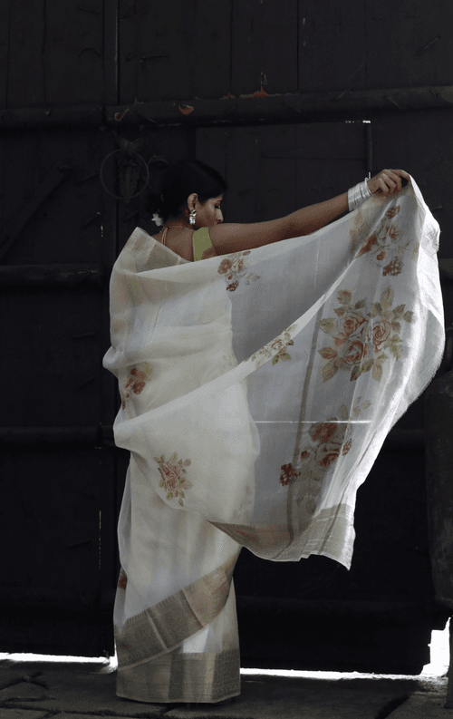 Buy 'Ivory Dreams' Pure Organza Silk Saree With Banarasi Border: Summer Silk Banarasi Organza Saree