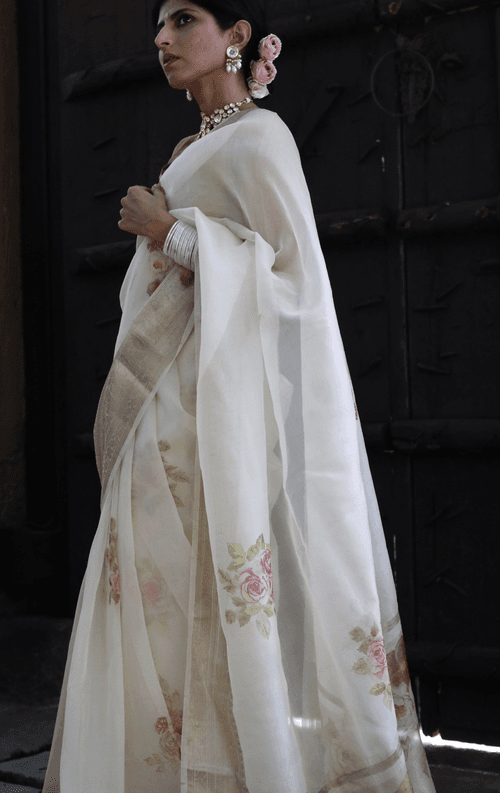 Buy 'Ivory Dreams' Pure Organza Silk Saree With Banarasi Border: Summer Silk Banarasi Organza Saree