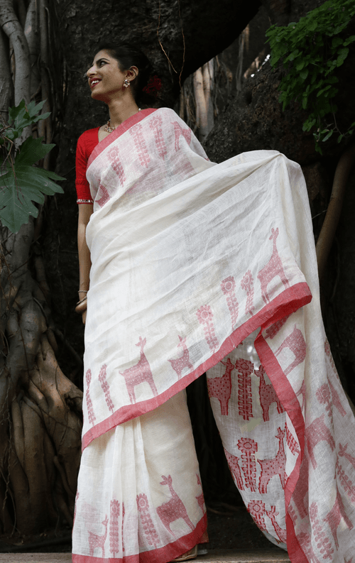 Buy 'Mother Deer' White Red Linen Cotton  Laal Padh Saree : White Red Laal Paar Linen Saree