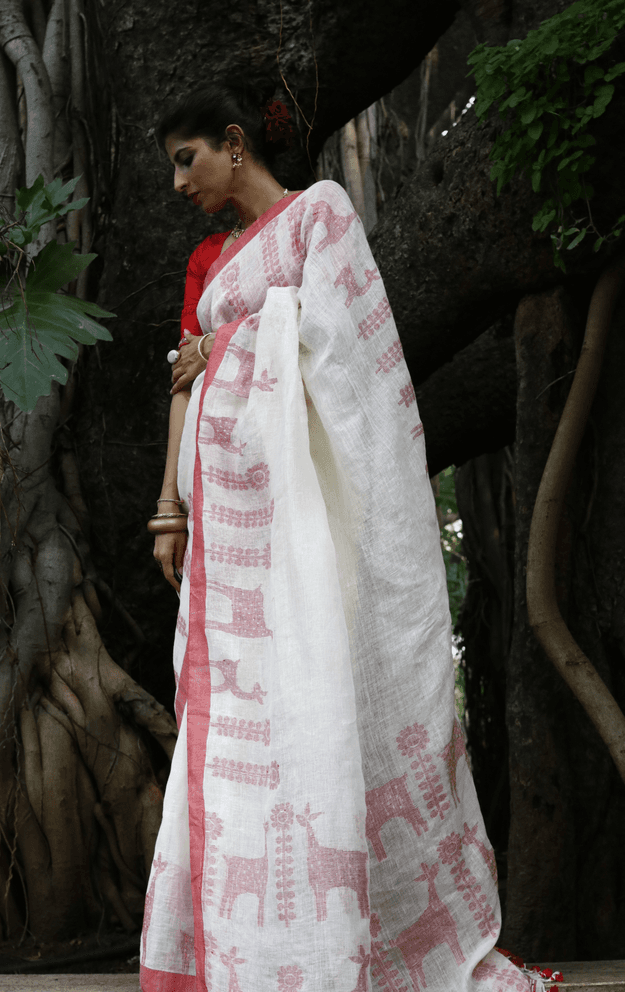 Buy 'Mother Deer' White Red Linen Cotton  Laal Padh Saree : White Red Laal Paar Linen Saree