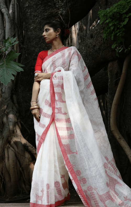 Buy 'Mother Deer' White Red Linen Cotton  Laal Padh Saree : White Red Laal Paar Linen Saree