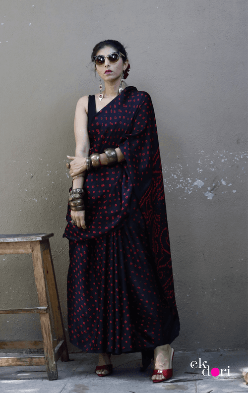 Buy Bandhani Designer Silk Saree Online : 'Poetry In Motion' Silk Bandhani Hand Dyed Saree