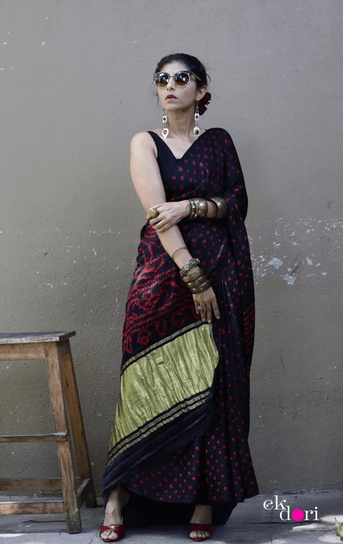 Buy Bandhani Designer Silk Saree Online : 'Poetry In Motion' Silk Bandhani Hand Dyed Saree