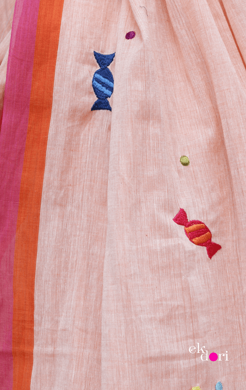 'Candy Crush' Handloom Mul Cotton Saree : Buy Handloom Cotton Statement Embroidered Saree