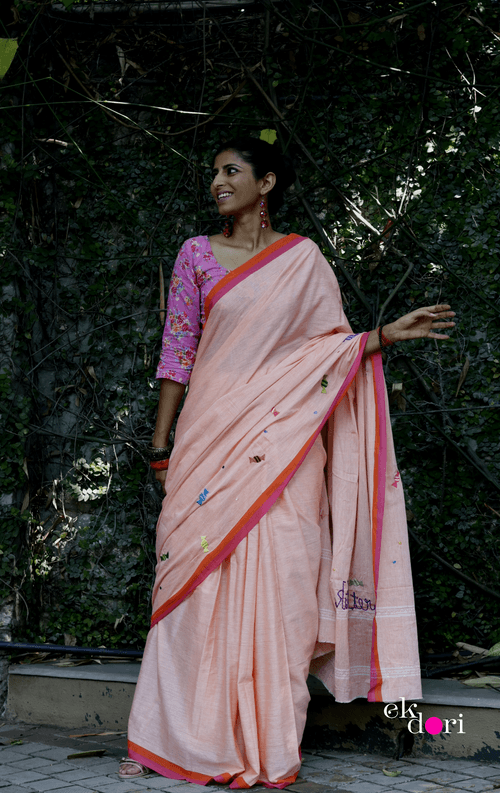 'Candy Crush' Handloom Mul Cotton Saree : Buy Handloom Cotton Statement Embroidered Saree