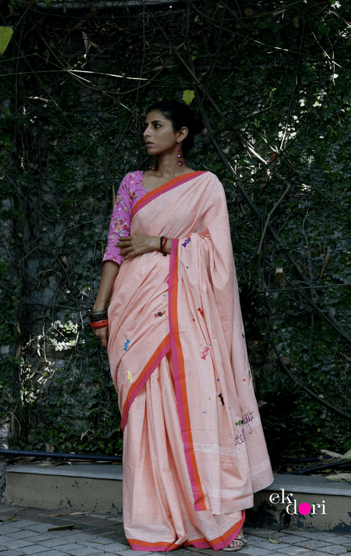 'Candy Crush' Handloom Mul Cotton Saree : Buy Handloom Cotton Statement Embroidered Saree