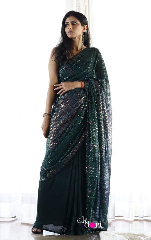 'Rainforest' Statement Sequin Saree : Bling It On Festive Cocktail Saree Collection